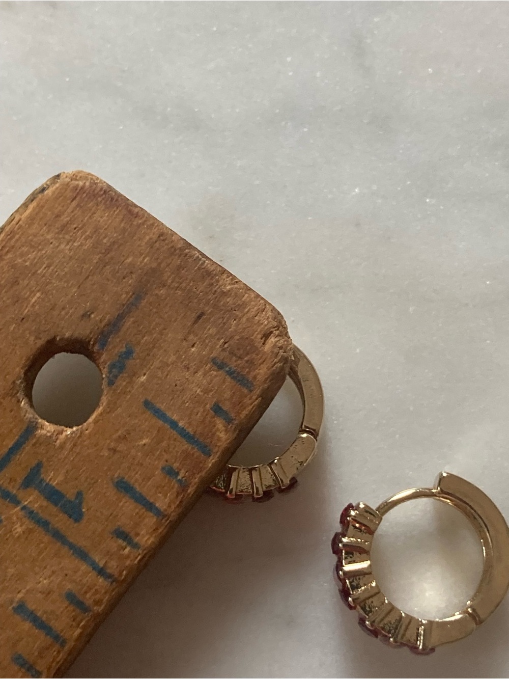 Gold Hoop Huggie Earrings with Deep Orange Crystals